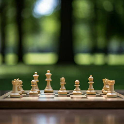 Chess pieces arranged on a table in a local park.